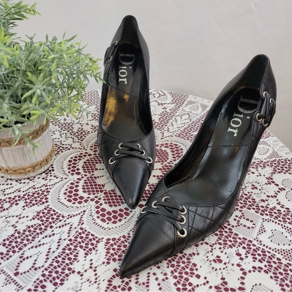 Christian Dior Black Quilted Lace-Up Pointed Toe Stiletto Size 38.5
